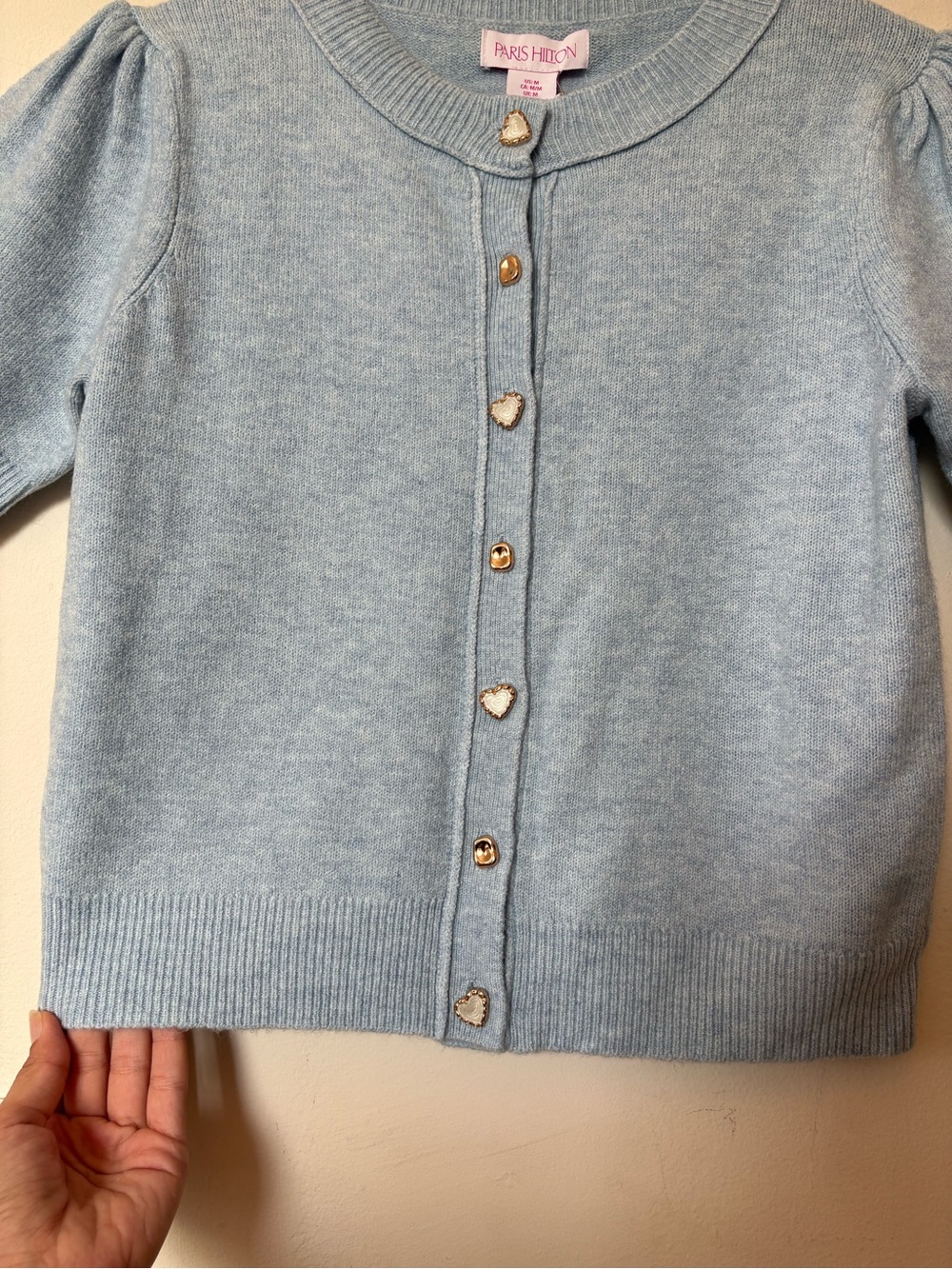 PARIS HILTON NEW Short Puff Sleeve Cropped Cardigan Blue Sz Medium - Picture 6 of 8